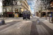A still from a 3D model showing a truck on a pedestrain street in Stockholm.