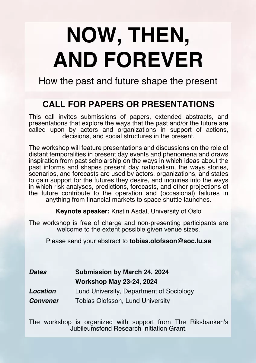 Poster with text outlining a call for papers and presentations for a workshop on how ideas about the past and future influence actions, decisions, and structures in the present